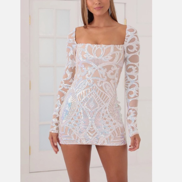Lucy In The Sky Nude Iridescent Sequin Long Sleeve Mini Dress Size S - Picture 1 of 11
